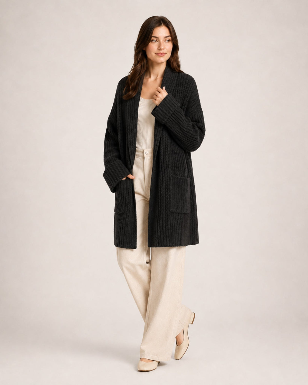 Women's longline ribbed cardigan with a shawl collar and patch pockets - black