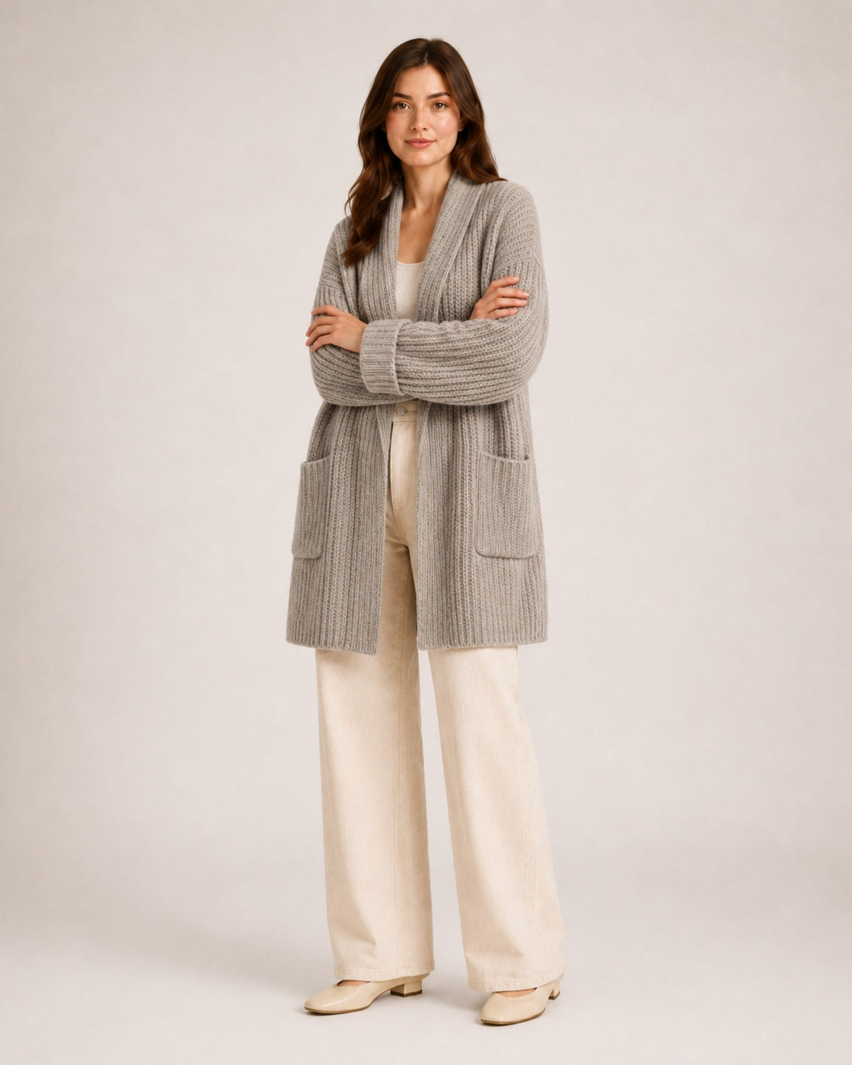 Women's longline ribbed cardigan with a shawl collar and patch pockets - light grey