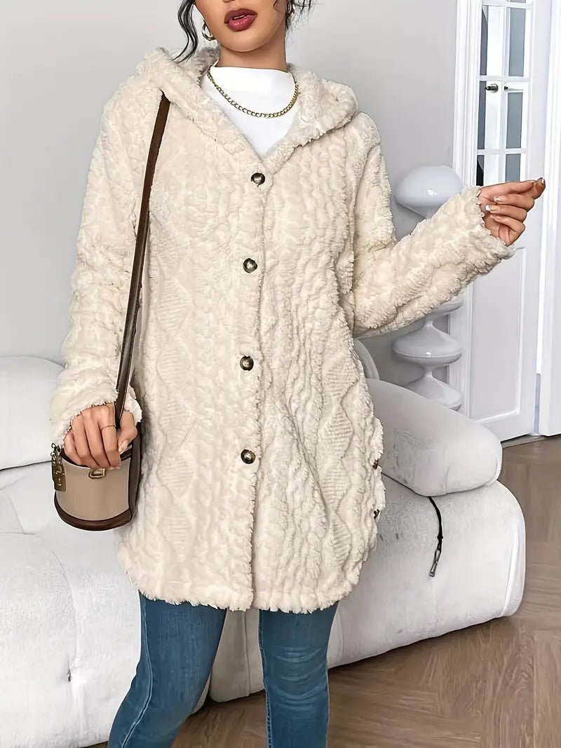 Women's longline teddy cardigan with a hood, buttons and cable pattern