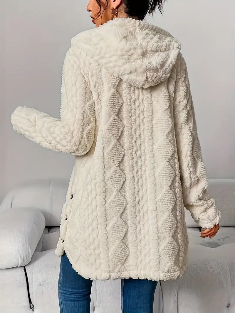 Women's longline teddy cardigan with a hood, buttons and cable pattern