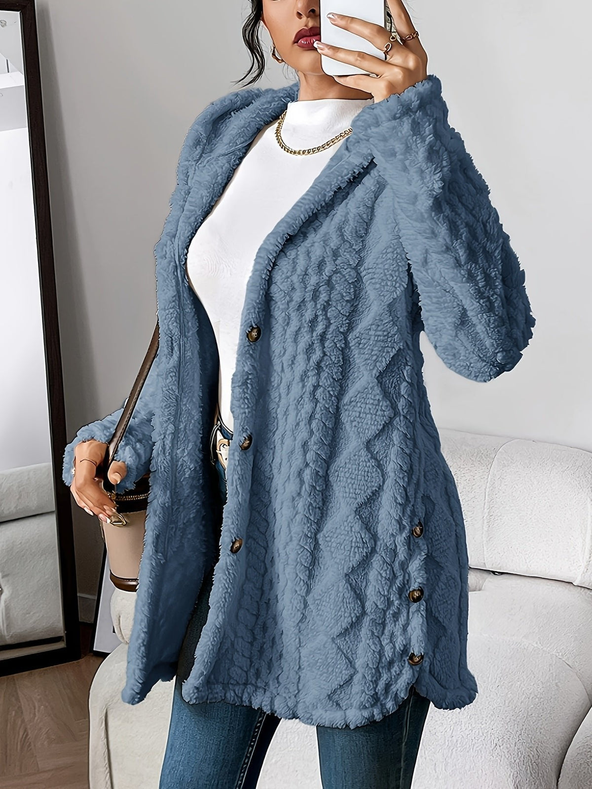 Women's longline teddy cardigan with a hood, buttons and cable pattern - denim blue