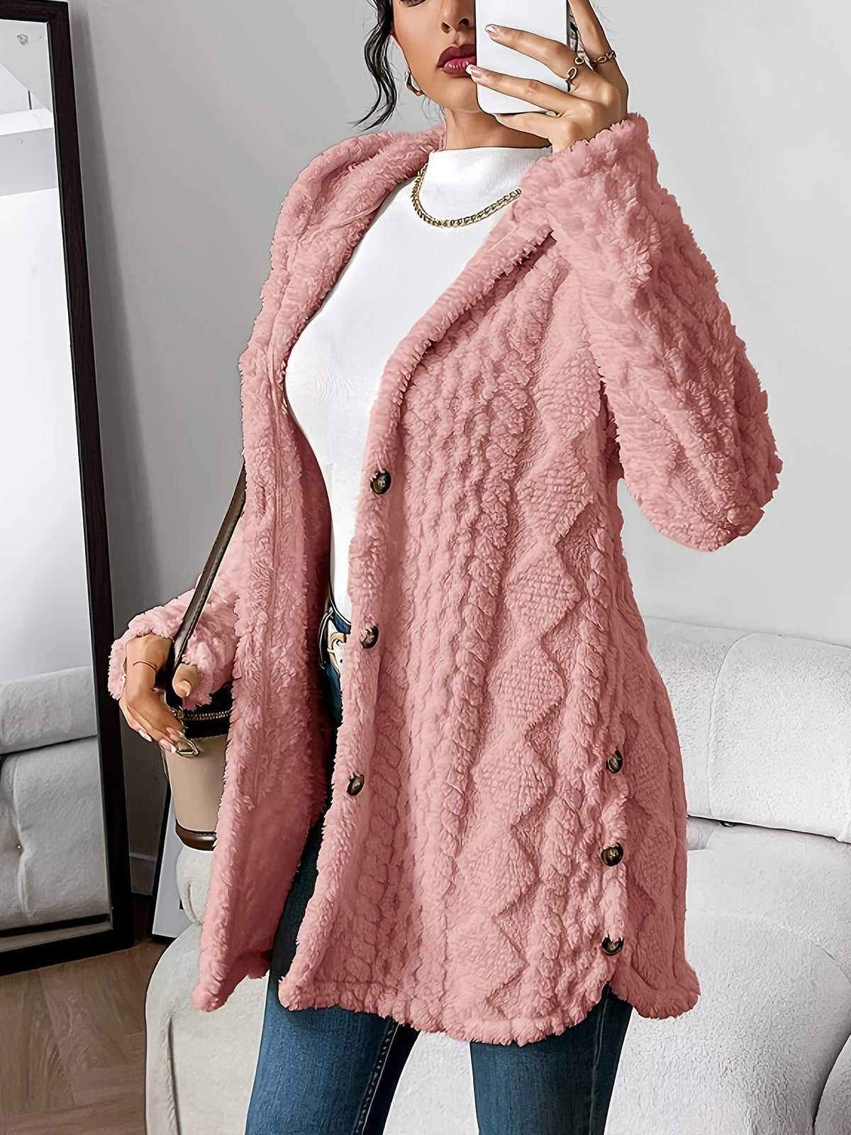 Women's longline teddy cardigan with a hood, buttons and cable pattern - dusty pink