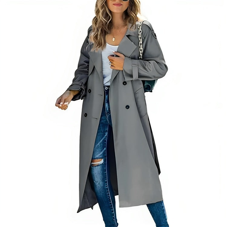 Women's longline trench coat with a double-breasted front and tie belt - grey