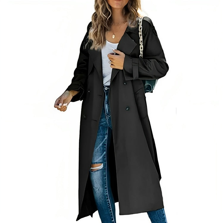 Women's longline trench coat with a double-breasted front and tie belt - black