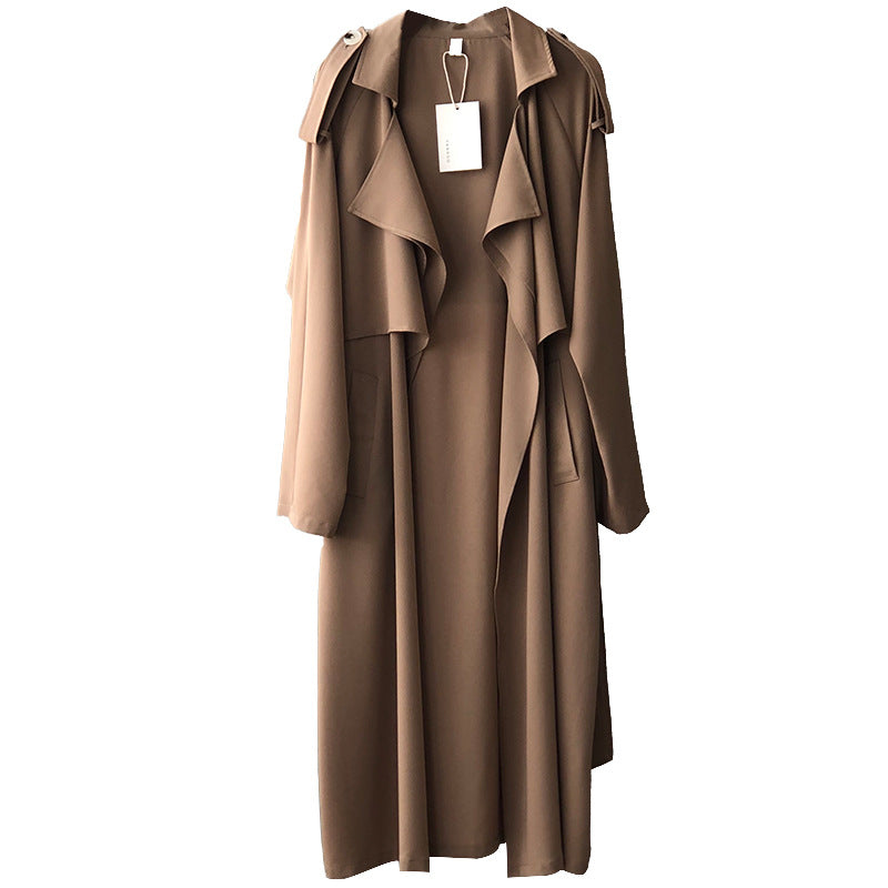 Women's longline trench coat with wide draped lapels and a tie belt - camel