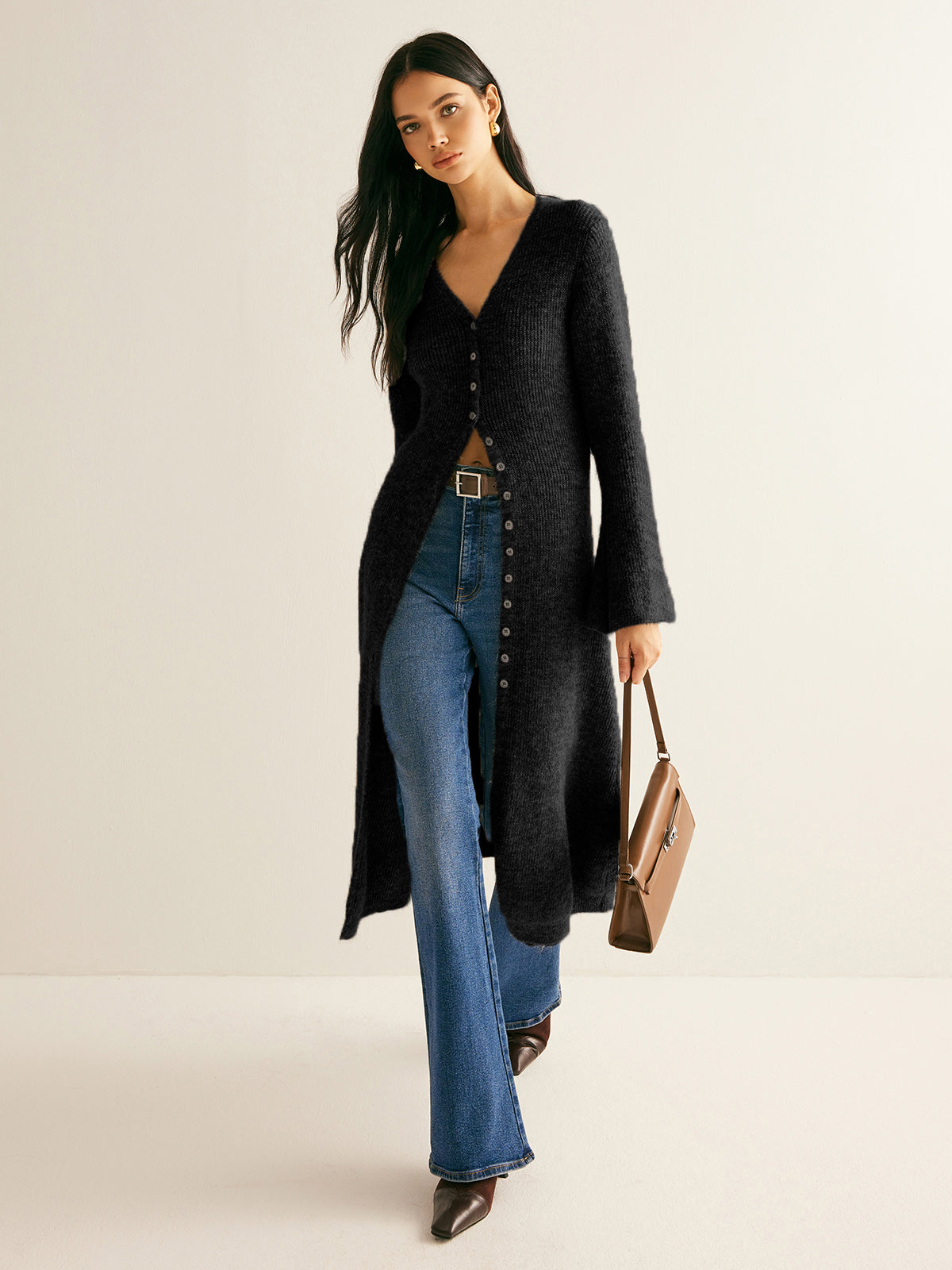 Women's longline cardigan with a V-neck, small buttons and flared sleeves - black
