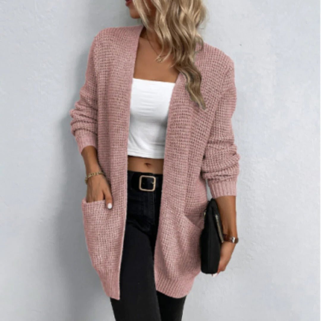 Women's longline waffle knit cardigan with an open front and patch pockets - dusty pink