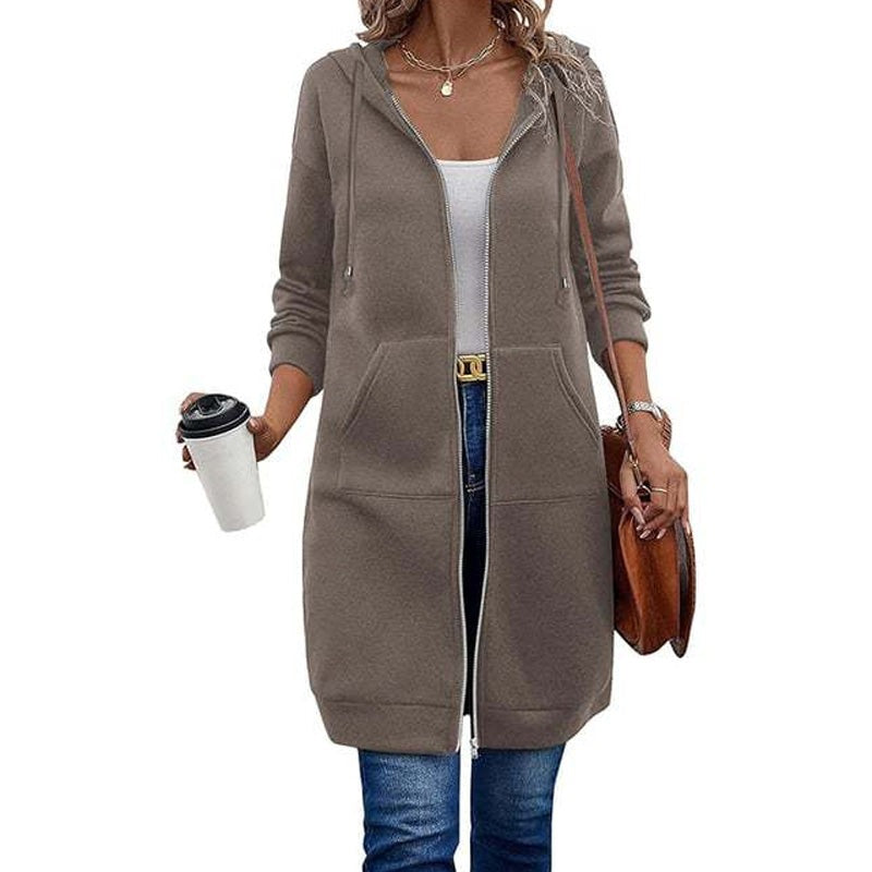 Longline zip-up hooded cardigan in sweatshirt fabric - taupe