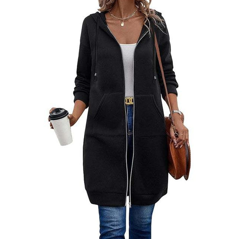 Longline zip-up hooded cardigan in sweatshirt fabric - black