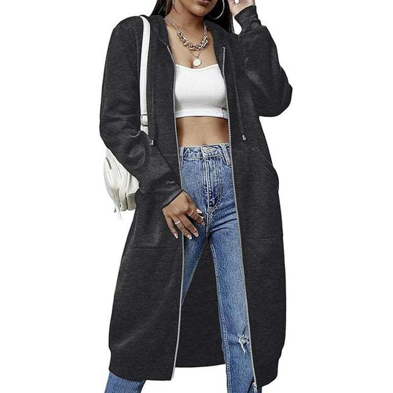 Longline zip-up hooded cardigan in sweatshirt fabric - charcoal