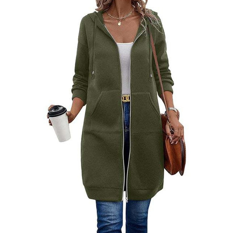 Longline zip-up hooded cardigan in sweatshirt fabric - olive