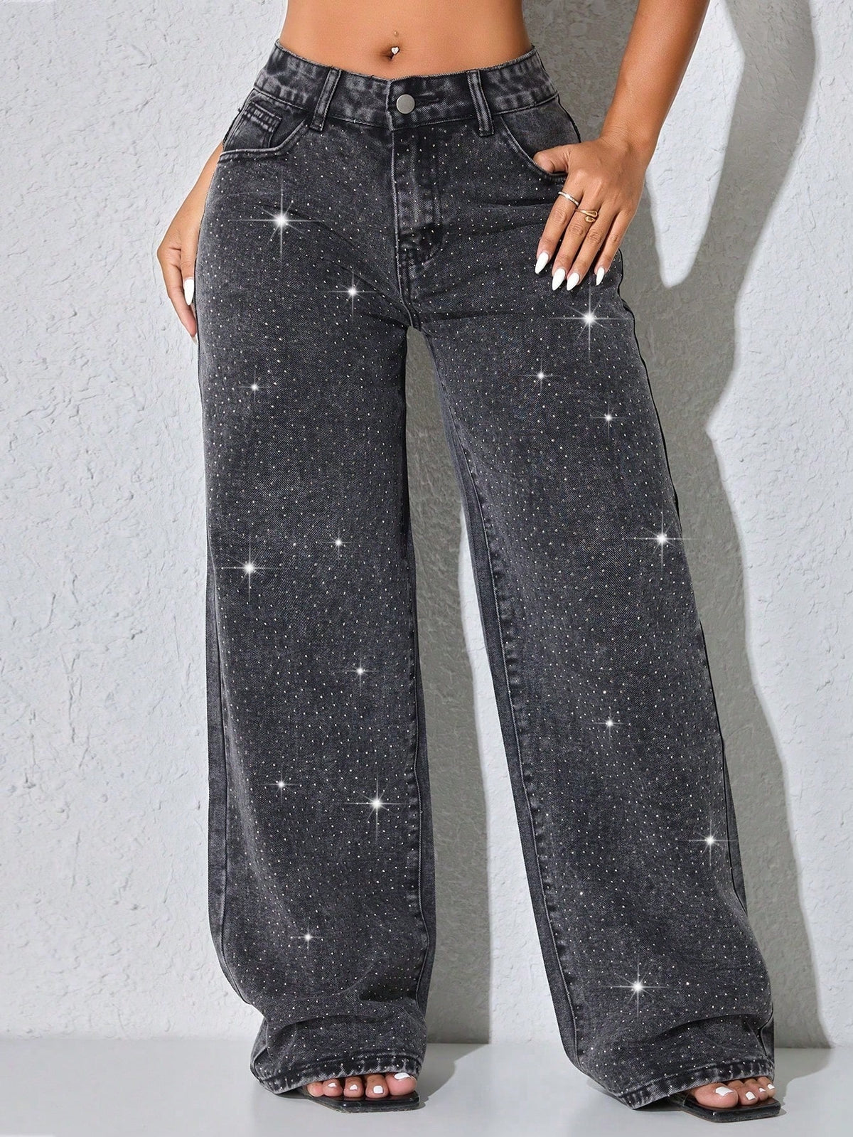 Low rise wide leg jeans for women with sparkling diamante across the legs - view 12