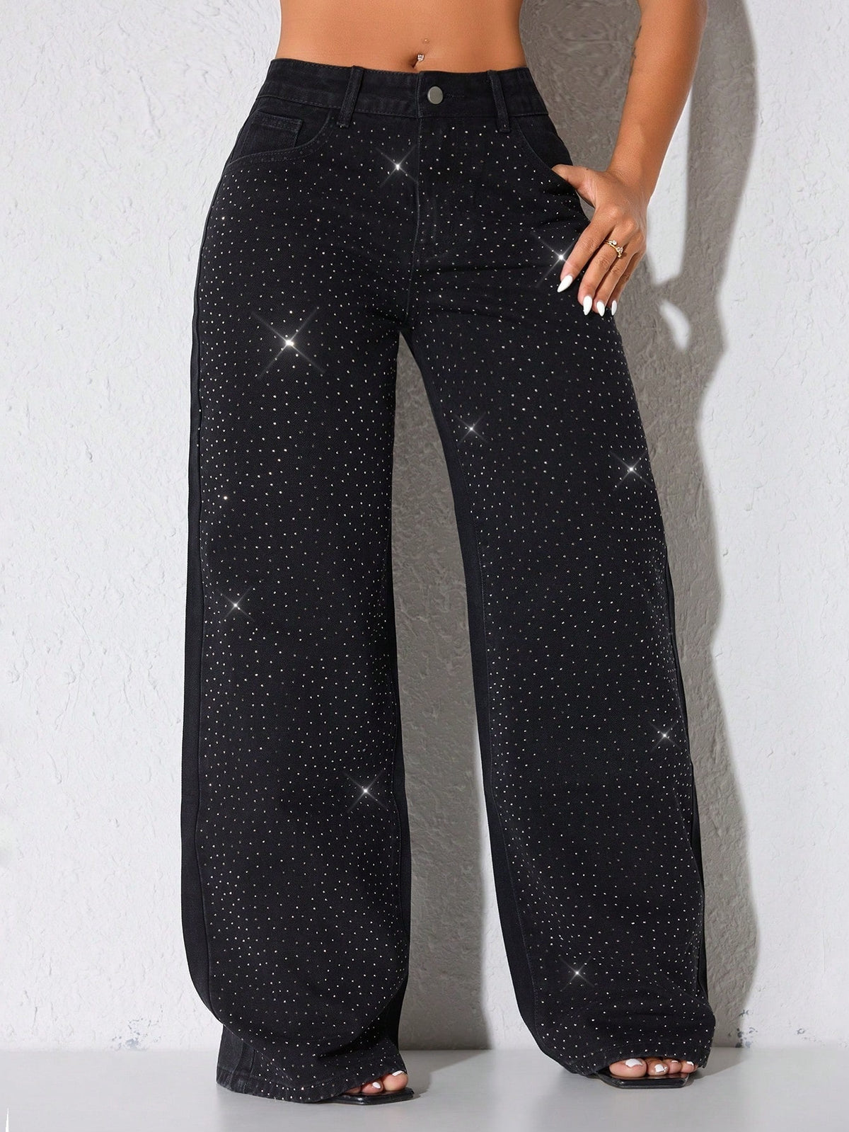 Low rise wide leg jeans for women with sparkling diamante across the legs - black
