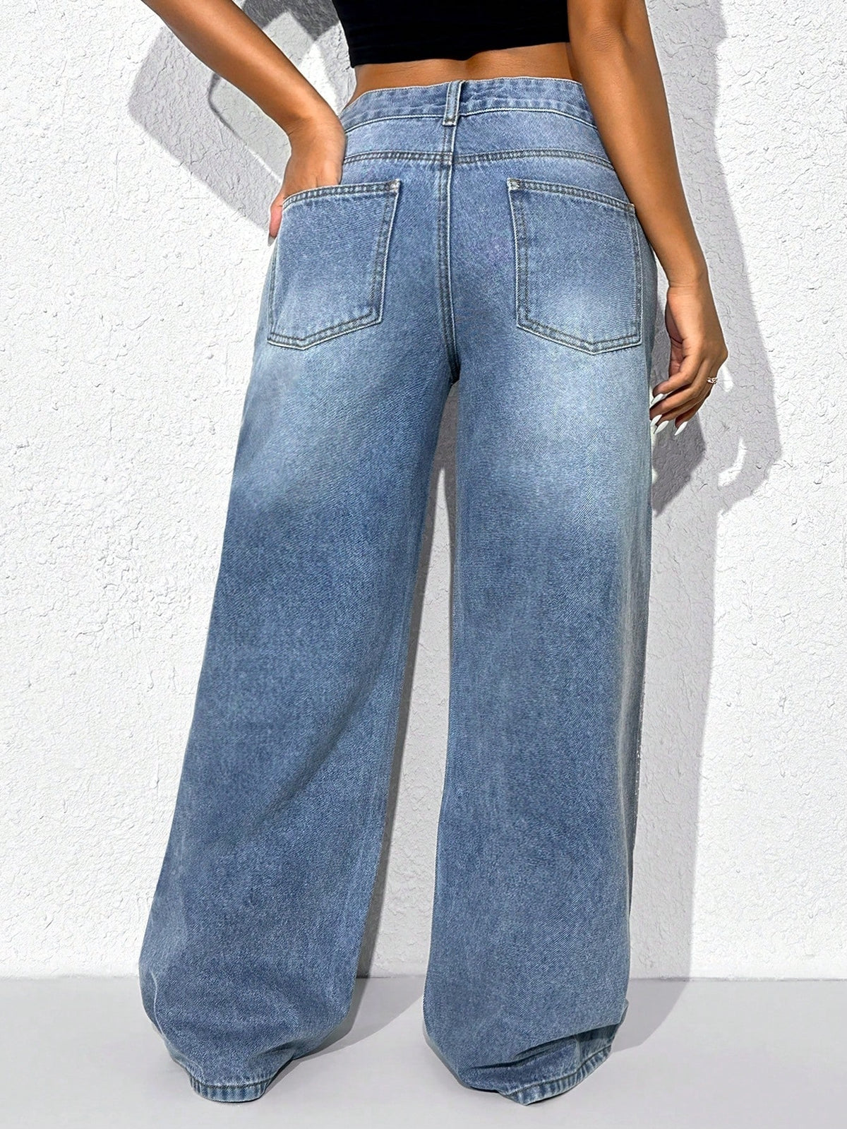 Low rise wide leg jeans for women with sparkling diamante across the legs - view 5