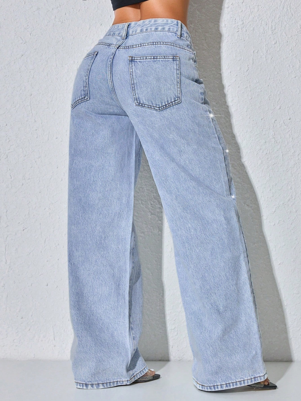 Low rise wide leg jeans for women with sparkling diamante across the legs - view 7