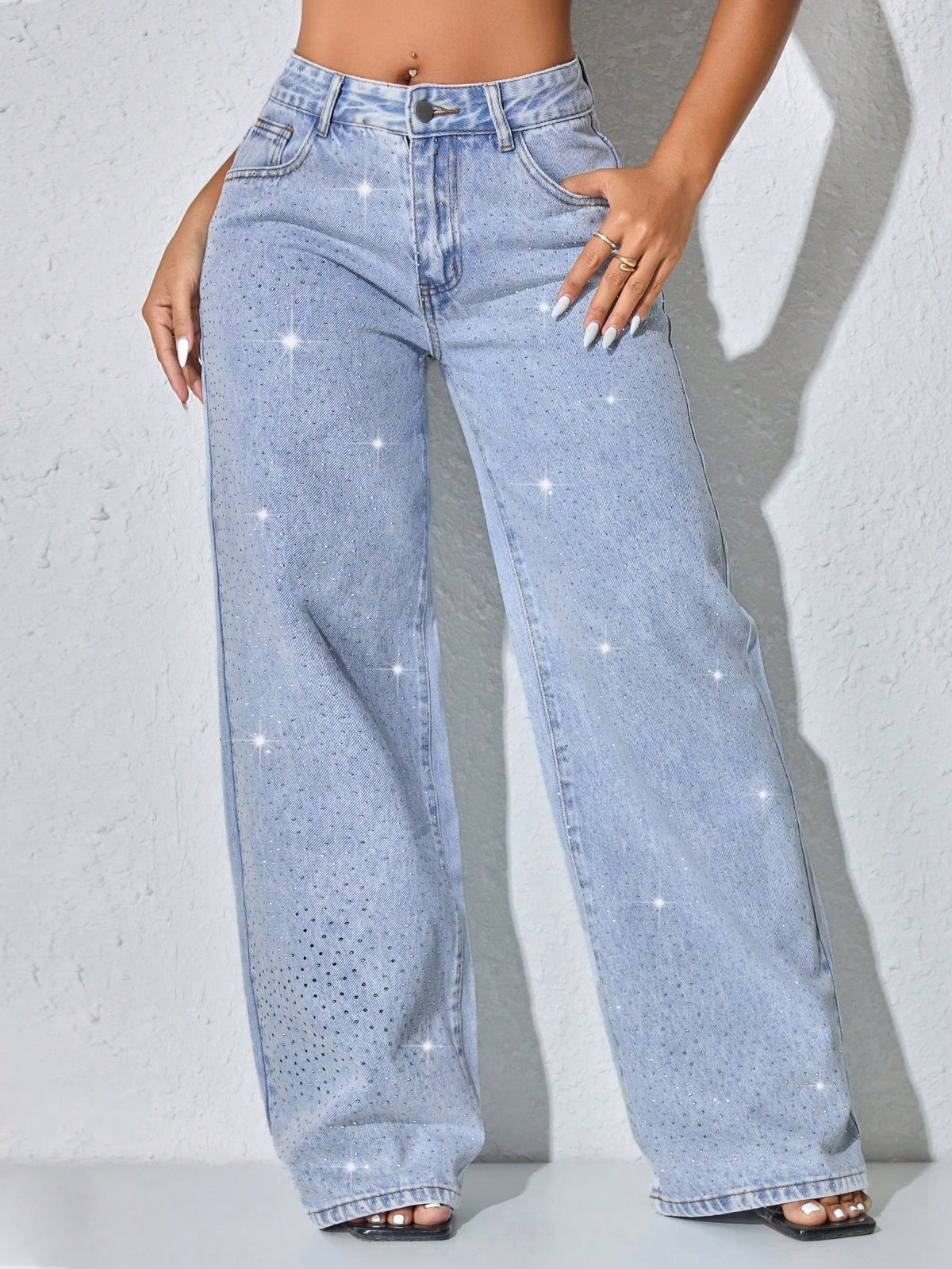 Low rise wide leg jeans for women with sparkling diamante across the legs - view 8