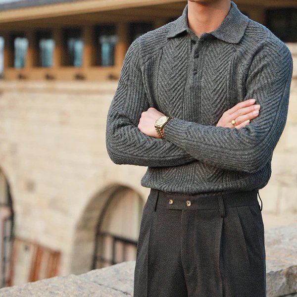 Men's knitted polo jumper in Charcoal