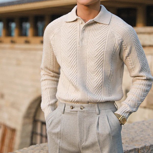 Men's knitted polo jumper in Ecru