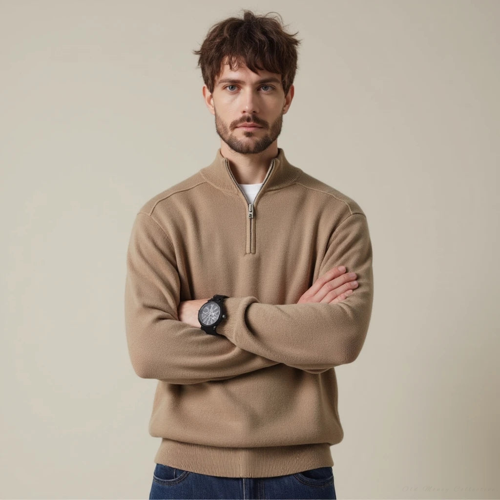 Men's soft half-zip jumper in Camel