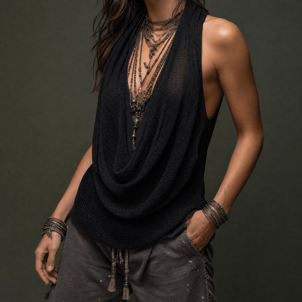 Women's cowl neck knit halter top in Black