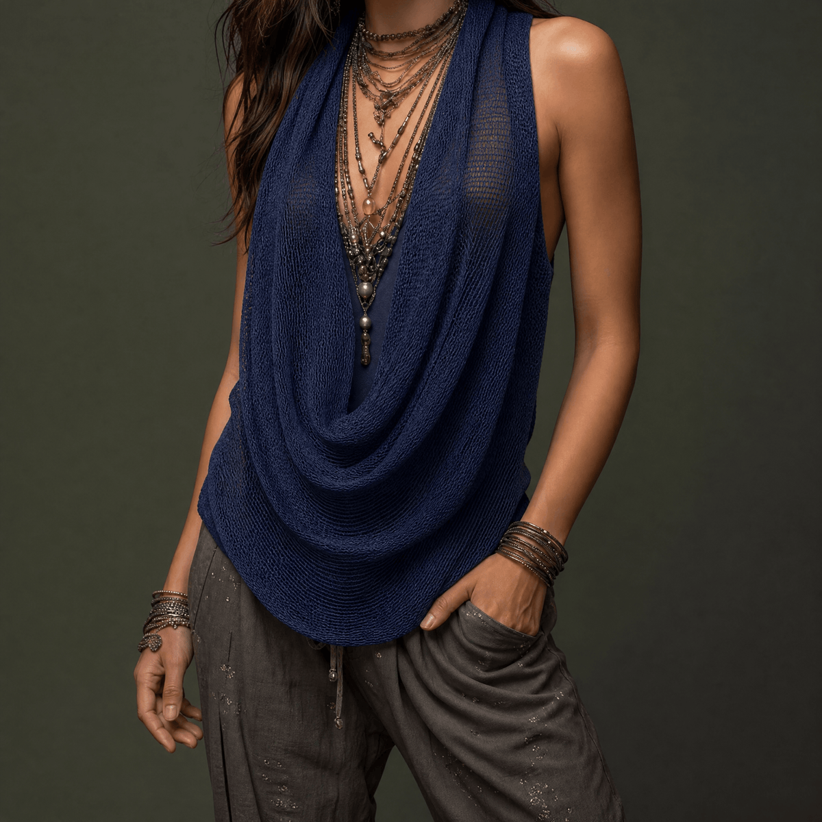 Women's cowl neck knit halter top in Navy