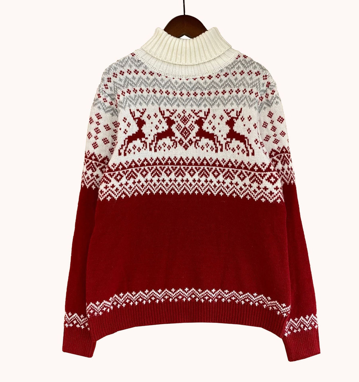 Matching his and hers Fair Isle Christmas jumper with a stand-up neck - red, women's fit