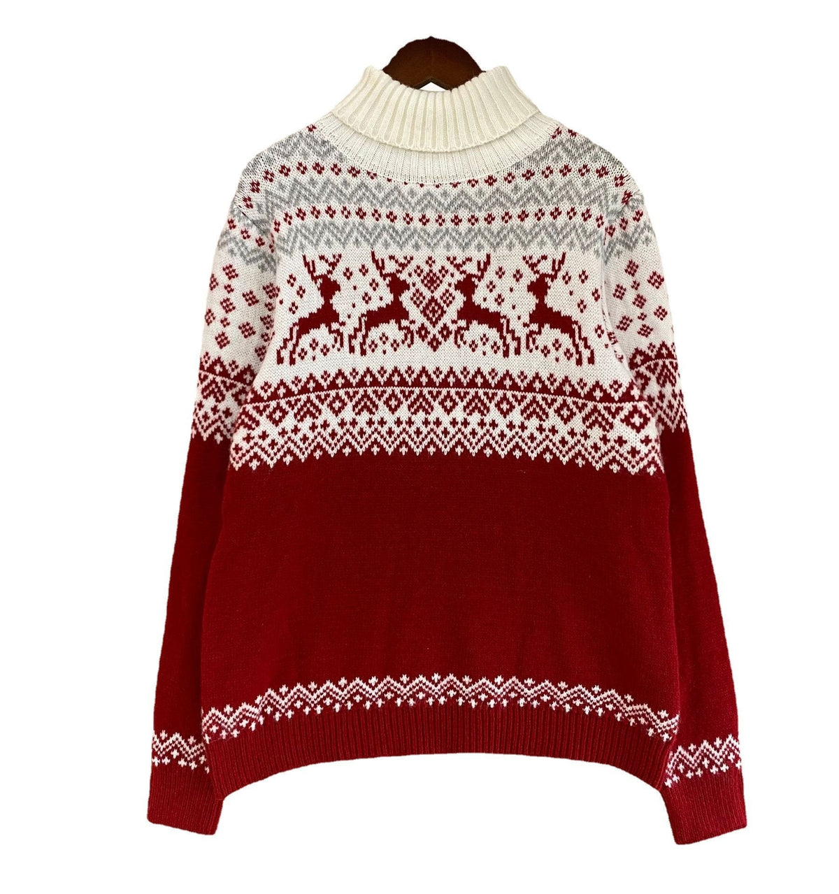 Matching his and hers Fair Isle Christmas jumper with a stand-up neck