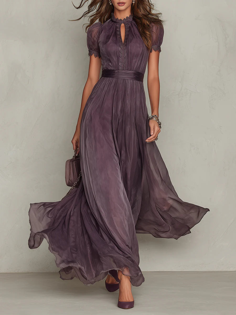 Maxi dress with lace-trimmed stand collar, keyhole front, puff sleeves and wide waistband - plum