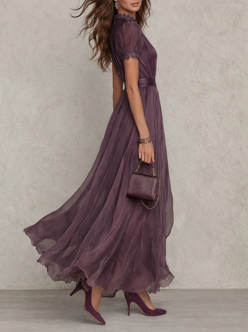 Maxi dress with lace-trimmed stand collar, keyhole front, puff sleeves and wide waistband