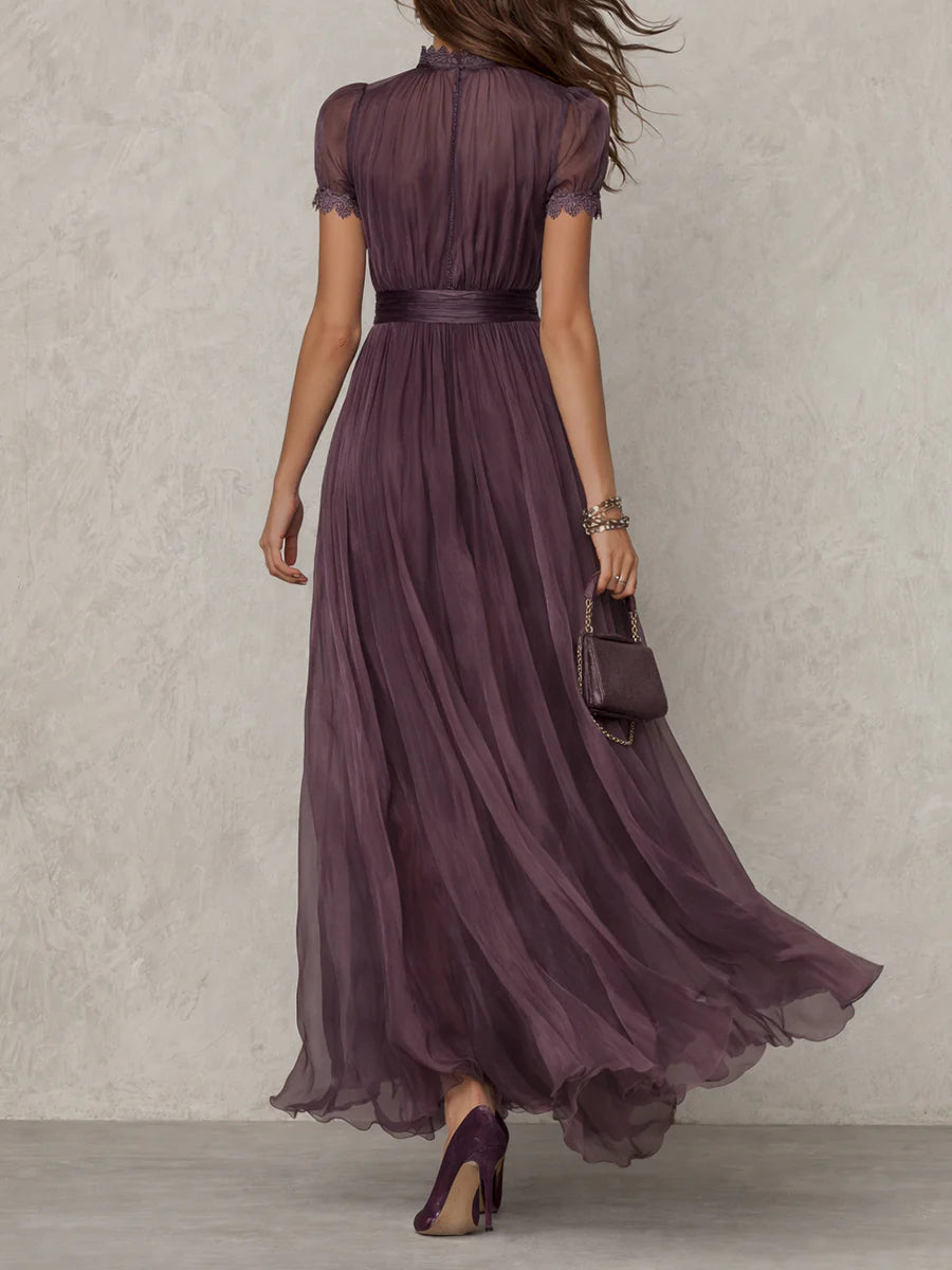 Maxi dress with lace-trimmed stand collar, keyhole front, puff sleeves and wide waistband