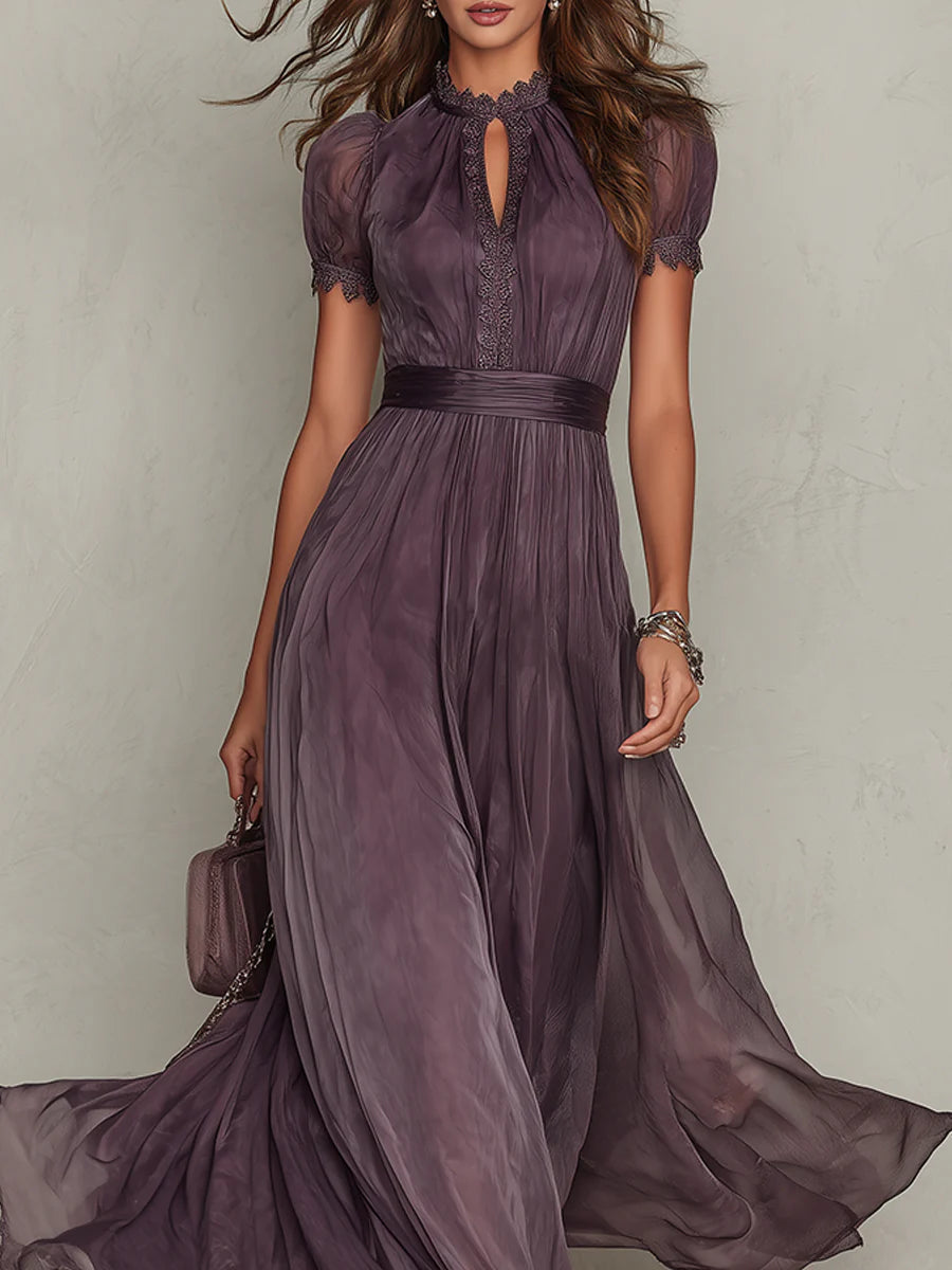 Maxi dress with lace-trimmed stand collar, keyhole front, puff sleeves and wide waistband