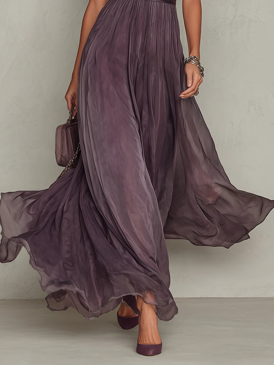 Maxi dress with lace-trimmed stand collar, keyhole front, puff sleeves and wide waistband