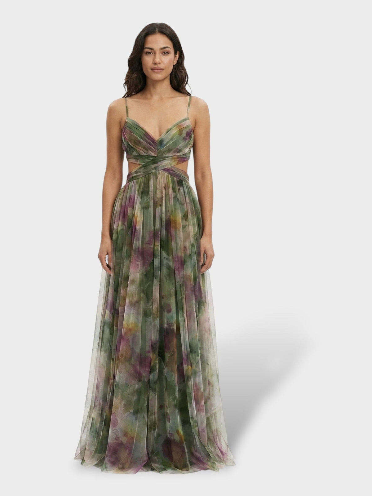 Watercolour print maxi gown in green, front view