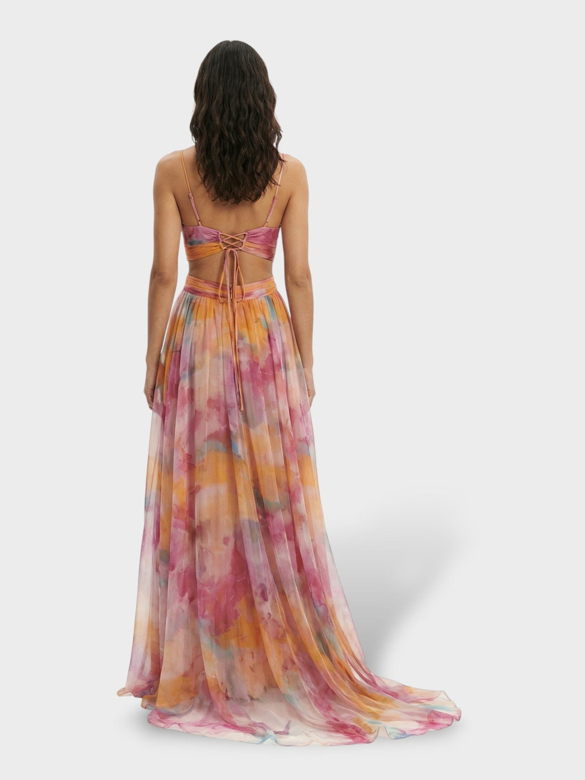 Watercolour print maxi gown in peach, open back with lace-up ties