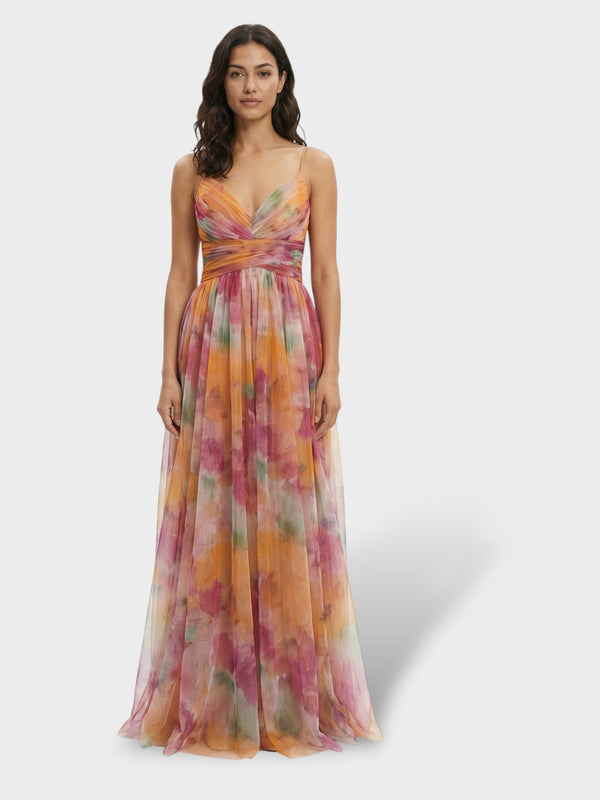 Watercolour print maxi gown in peach, front view