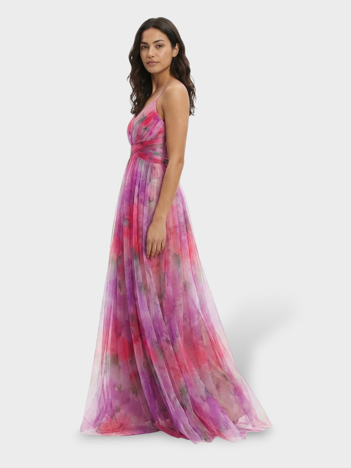 Watercolour print maxi gown in pink, side view