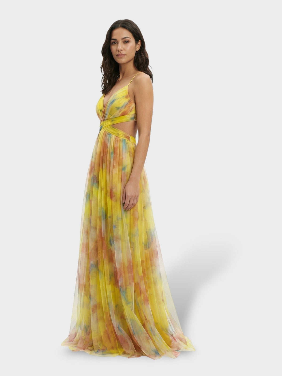 Watercolour print maxi gown in yellow, side view