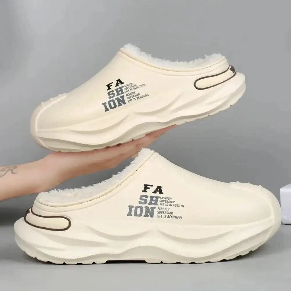 Men's mule slippers with arch support footbed, plush lining and a thick sole with tread - beige