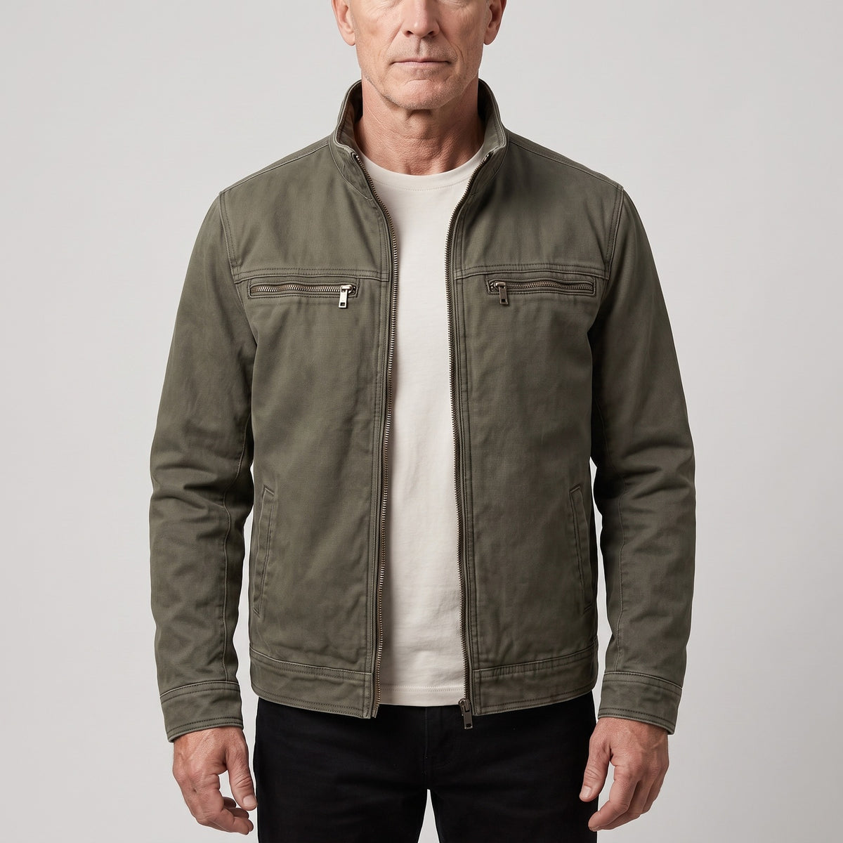 Men's army green jacket with a stand collar and zip pockets - army green