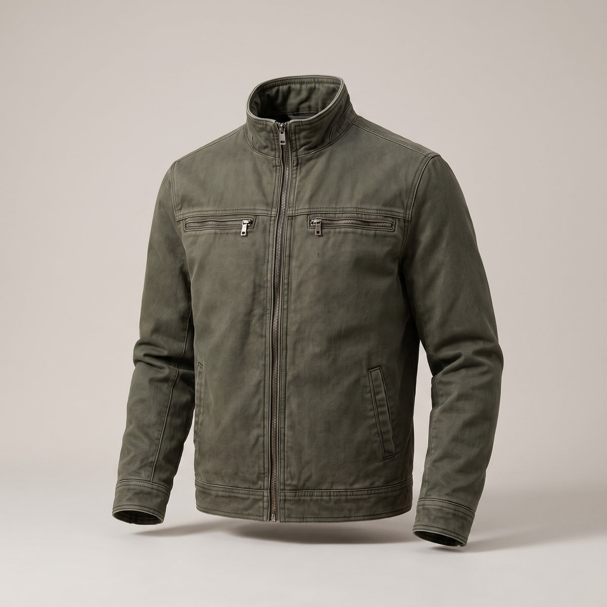 Men's army green jacket with a stand collar and zip pockets - army green