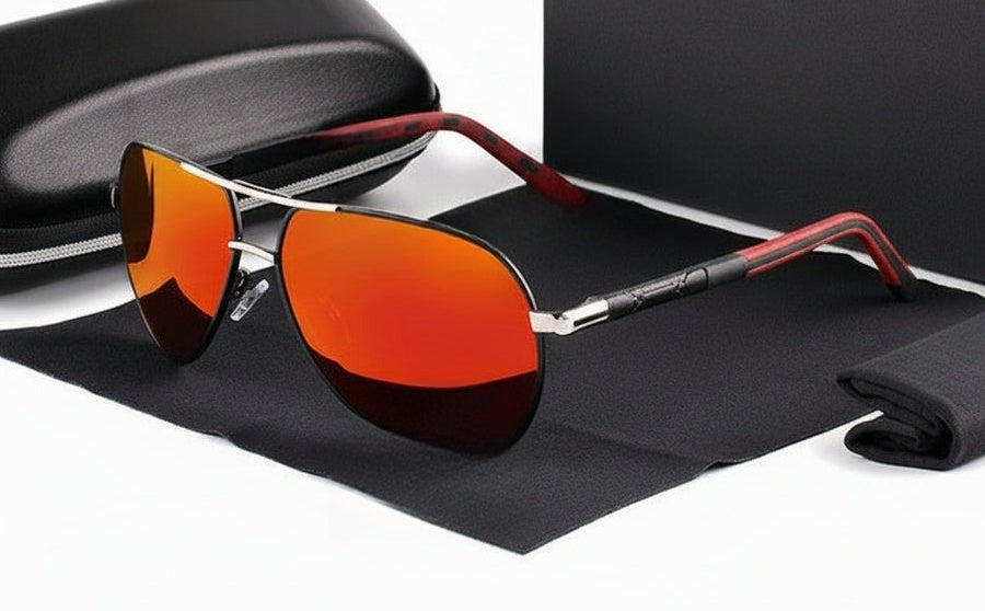 Men's aviator sunglasses with teardrop lenses, a thin metal frame and double bridge - orange mirror