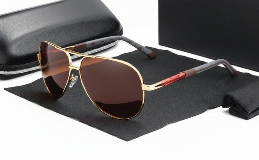 Men's aviator sunglasses with teardrop lenses, a thin metal frame and double bridge - brown/gold