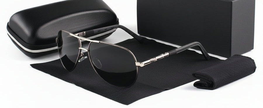 Men's aviator sunglasses with teardrop lenses, a thin metal frame and double bridge - black/gunmetal