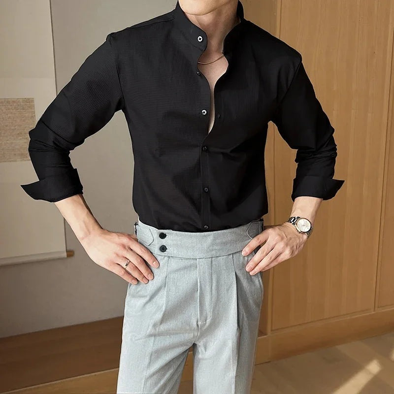 Men's slim fit band collar shirt with long sleeves and a fine texture - black