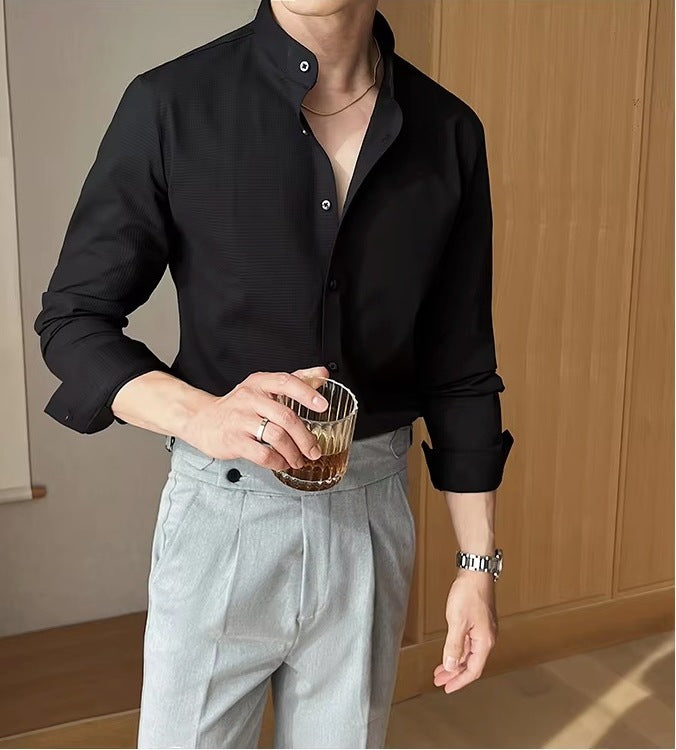 Men's slim fit band collar shirt with long sleeves and a fine texture - view 4
