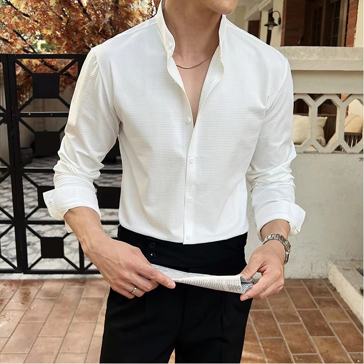 Men's slim fit band collar shirt with long sleeves and a fine texture - view 6