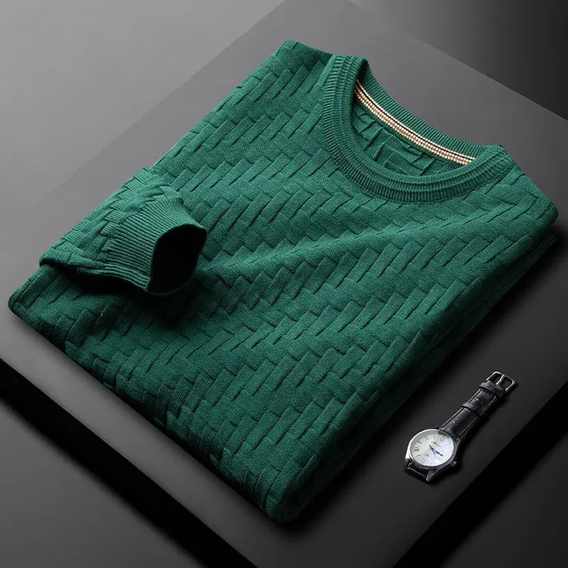 Men's crew neck jumper with a raised basket weave texture - bottle green
