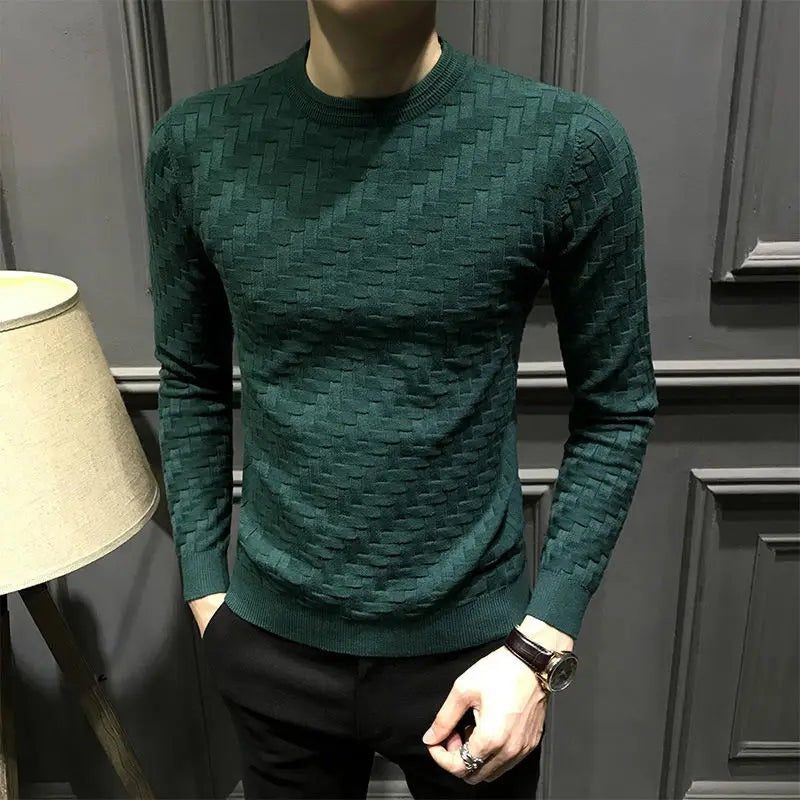 Men's crew neck jumper with a raised basket weave texture - view 2