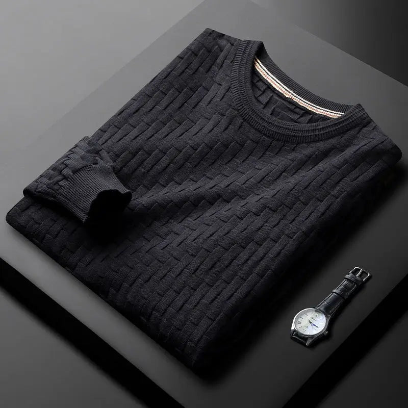 Men's crew neck jumper with a raised basket weave texture - black