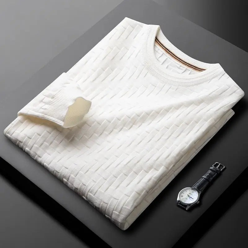 Men's crew neck jumper with a raised basket weave texture - off-white